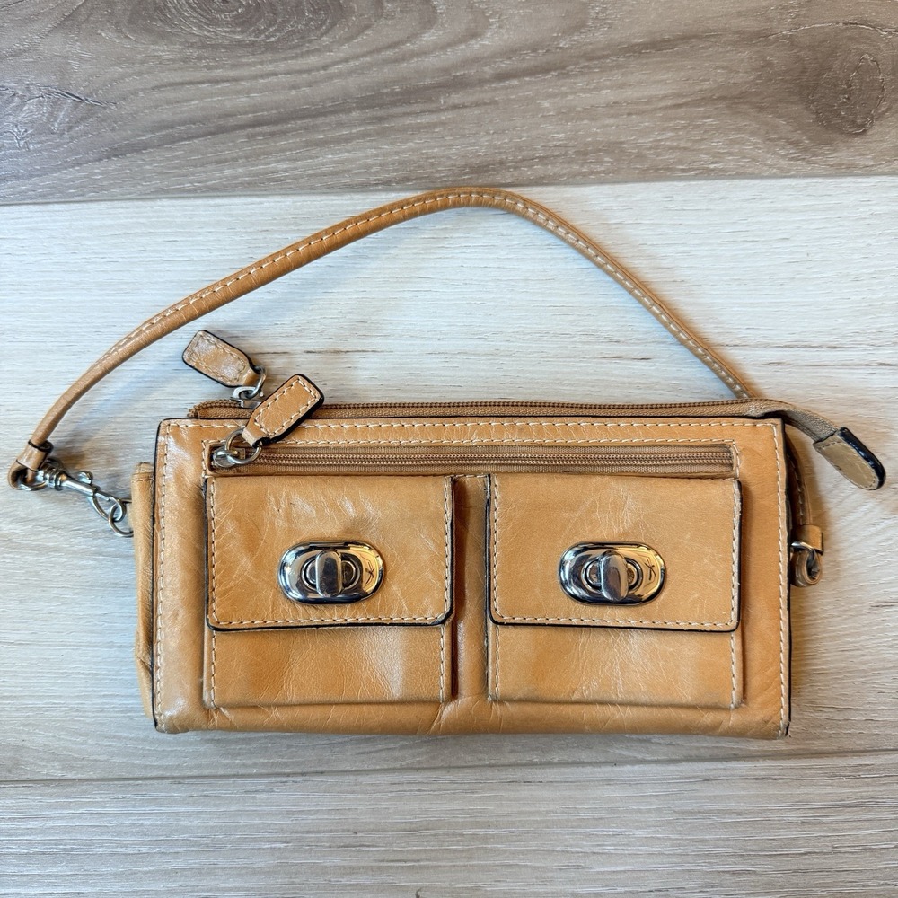 Nordstrom Tan Leather Zippered Clutch with Multiple Compartments and Strap